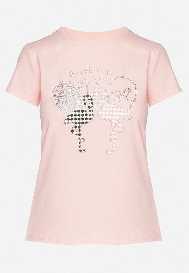 Born2be - Różowy T-shirt z Bawełny z Cyrkoniami i Nadrukiem Listebia. Okazja: na co dzień. Kolor: różowy. Materiał: bawełna. Wzór: nadruk. Styl: klasyczny, casual