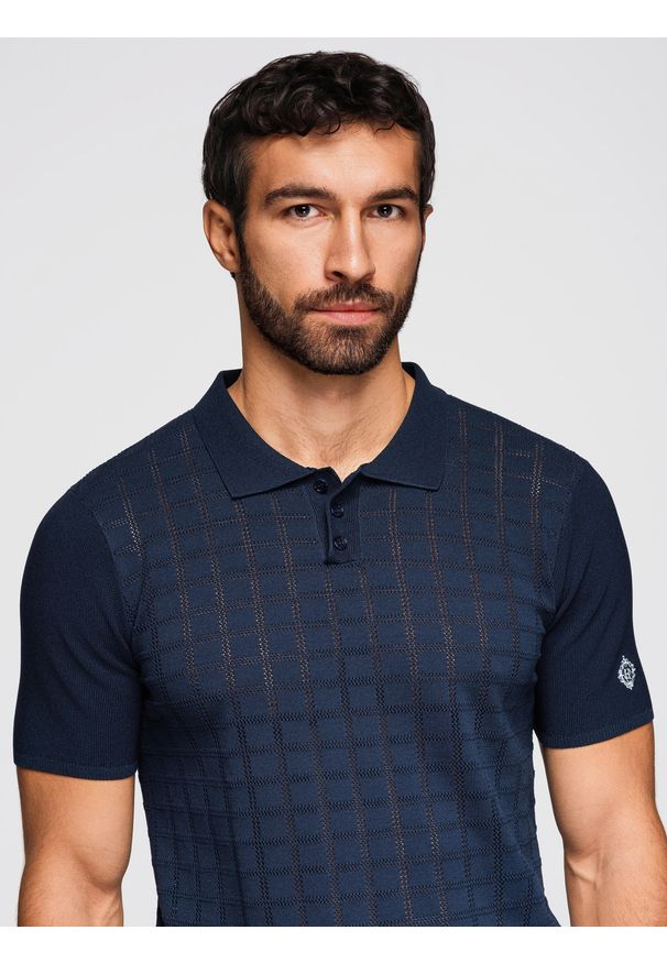 Ombre Clothing - Męska wiskozowa ażurowa koszulka polo - granatowa V2 - Rozmiar: XXL. Okazja: na co dzień. Typ kołnierza: polo. Kolor: niebieski. Materiał: wiskoza. Długość: krótkie. Wzór: ażurowy. Sezon: lato. Styl: casual, wizytowy
