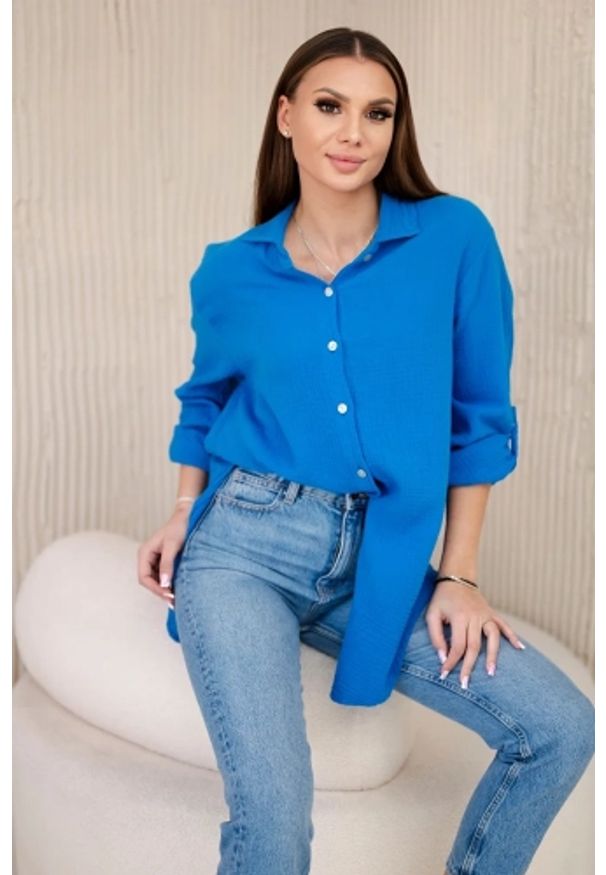 Kesi Włoski - Koszula bawełniana muślinowa oversize turkusowa. Okazja: na co dzień. Kolor: turkusowy. Materiał: bawełna. Styl: klasyczny, elegancki, casual
