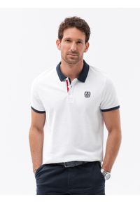 Ombre Clothing - Męska koszulka polo z kolorowymi akcentami – biały V2 OM-POSS-0105 - XXL. Typ kołnierza: polo. Kolor: biały. Materiał: bawełna. Wzór: kolorowy. Styl: sportowy, klasyczny, elegancki