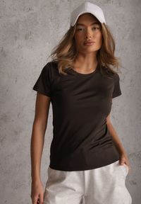 Renee - Ciemnoszary Klasyczny T-shirt o Gładkim Wykończeniu Rhethine. Kolor: szary. Materiał: jeans, zamsz. Długość: krótkie. Wzór: gładki. Styl: klasyczny #1