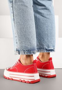 Born2be - Czerwone Trampki na Grubej Podeszwie pod Kostkę Adsoria. Okazja: na co dzień. Zapięcie: sznurówki. Kolor: czerwony. Materiał: jeans. Styl: klasyczny, casual #4