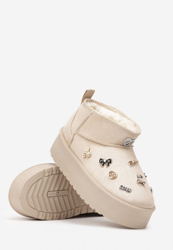 Born2be - Beżowe Śniegowce na Grubej Platformie Ozdobione Aplikacjami Semielles. Okazja: na co dzień. Kolor: beżowy. Materiał: jeans. Wzór: aplikacja. Sezon: zima. Obcas: na platformie. Styl: sportowy, casual, elegancki