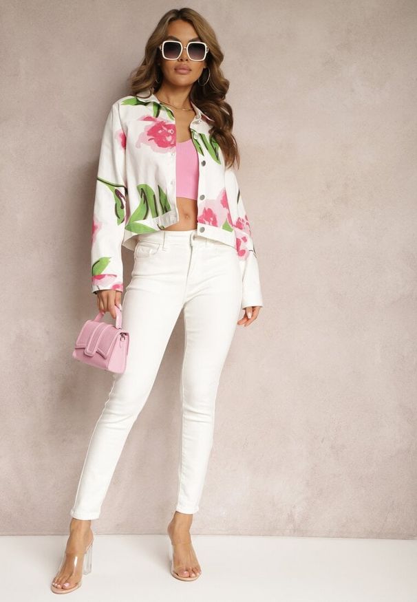 Renee - Beżowo-Różowa Kurtka Jeansowa z Bawełny we Florystyczny Print Arielapa. Okazja: na co dzień. Kolor: beżowy. Materiał: bawełna, jeans. Wzór: nadruk. Styl: casual