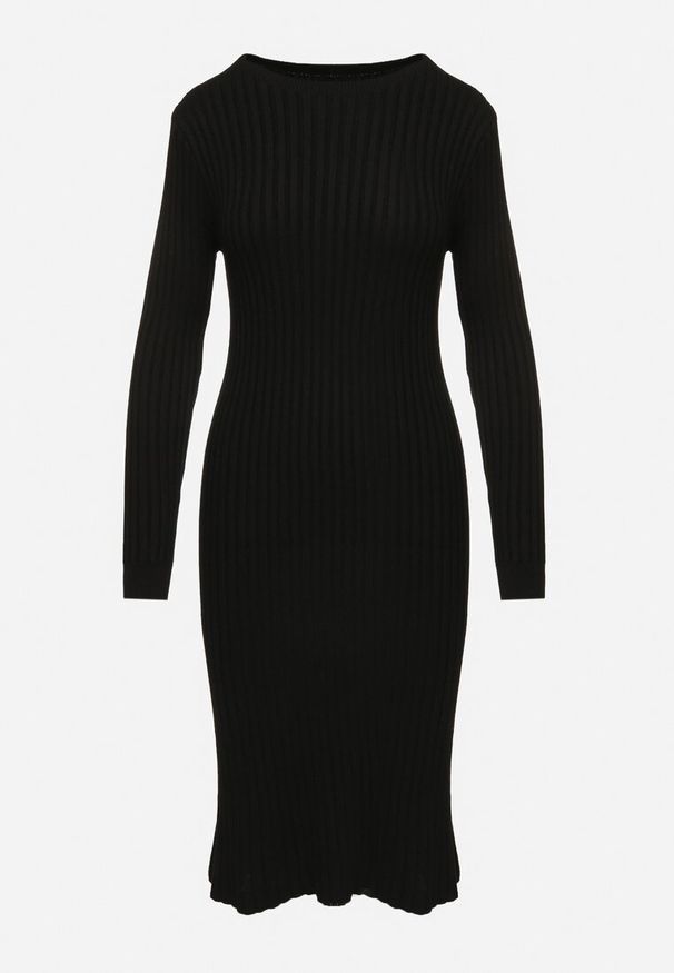 Born2be - Czarna Dopasowana Sukienka z Wiskozą z Prążkowanego Materiału Ściągana Troczkiem Eleavia. Okazja: na co dzień. Kolor: czarny. Materiał: prążkowany, materiał, wiskoza. Wzór: aplikacja. Styl: casual