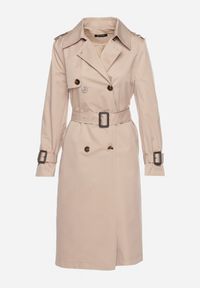 Born2be - Beżowy Płaszcz Trencz Dwurzędowy z Plisami z Tyłu i Materiałowym Paskiem Hellie. Kolor: beżowy. Materiał: materiał. Styl: elegancki #5