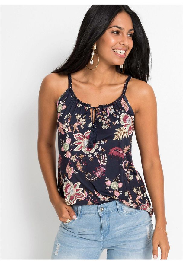 bonprix - Top na cienkich ramiączkach. Kolor: niebieski. Materiał: koronka. Długość rękawa: na ramiączkach. Wzór: aplikacja, koronka, kwiaty
