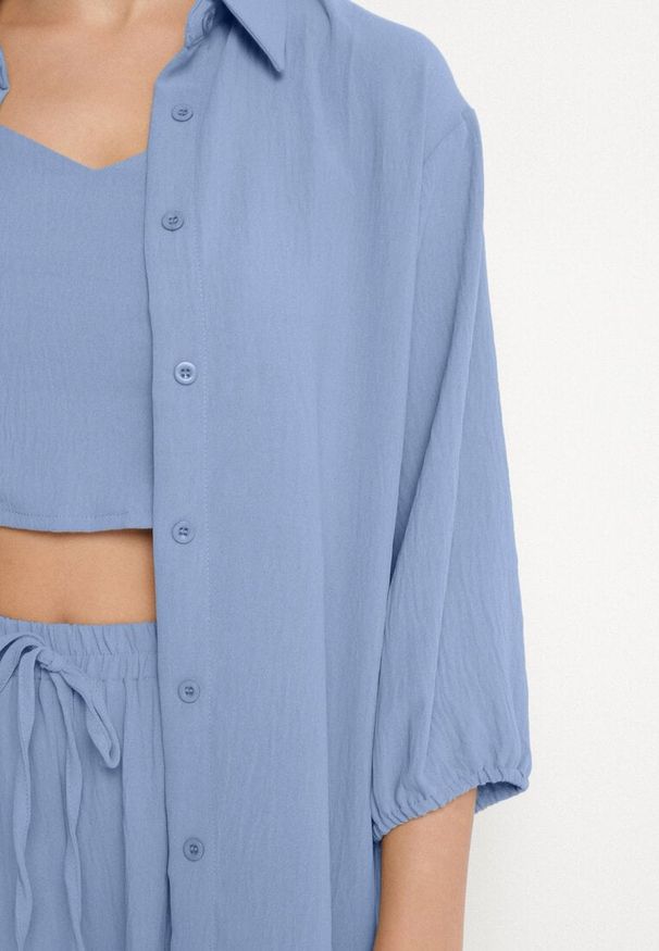 Born2be - Niebieski Komplet Top na Cienkich Ramiączkach Długa Koszula i Luźne Spodnie Adirive. Kolor: niebieski. Materiał: materiał