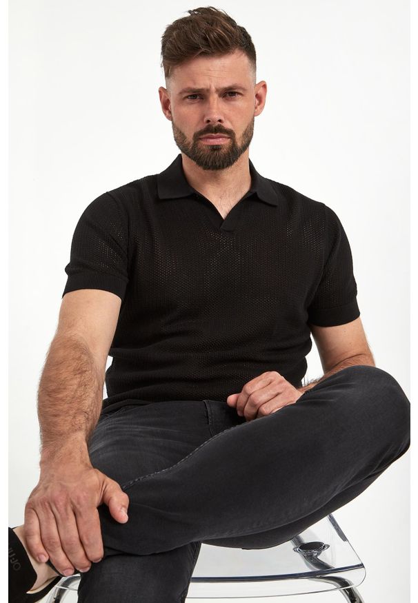 Karl Lagerfeld - Polo męskie z dzianiny ażurowej KARL LAGERFELD. Typ kołnierza: polo. Materiał: dzianina. Wzór: ażurowy