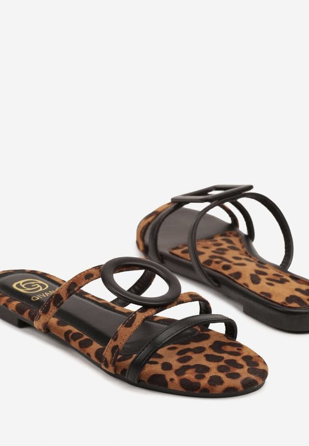 Renee - Panterkowe Casualowe Klapki z Geometrycznymi Paskami Eframea. Okazja: na co dzień. Materiał: len. Wzór: geometria. Sezon: lato. Styl: casual