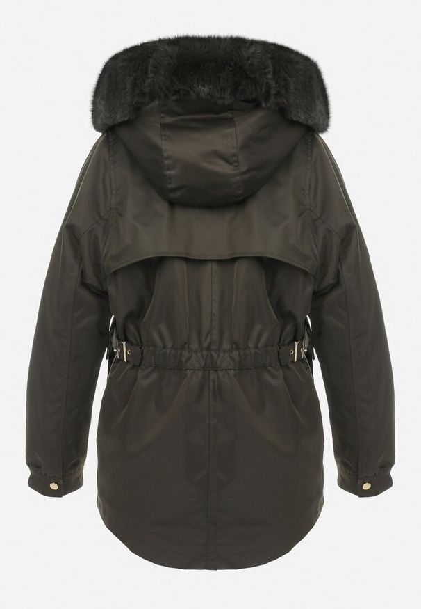 Born2be - Ciemnozielona Kurtka Nylonowa Parka z Odpinanym Futerkiem Beaten. Kolor: zielony. Materiał: futro, nylon. Wzór: aplikacja, paski