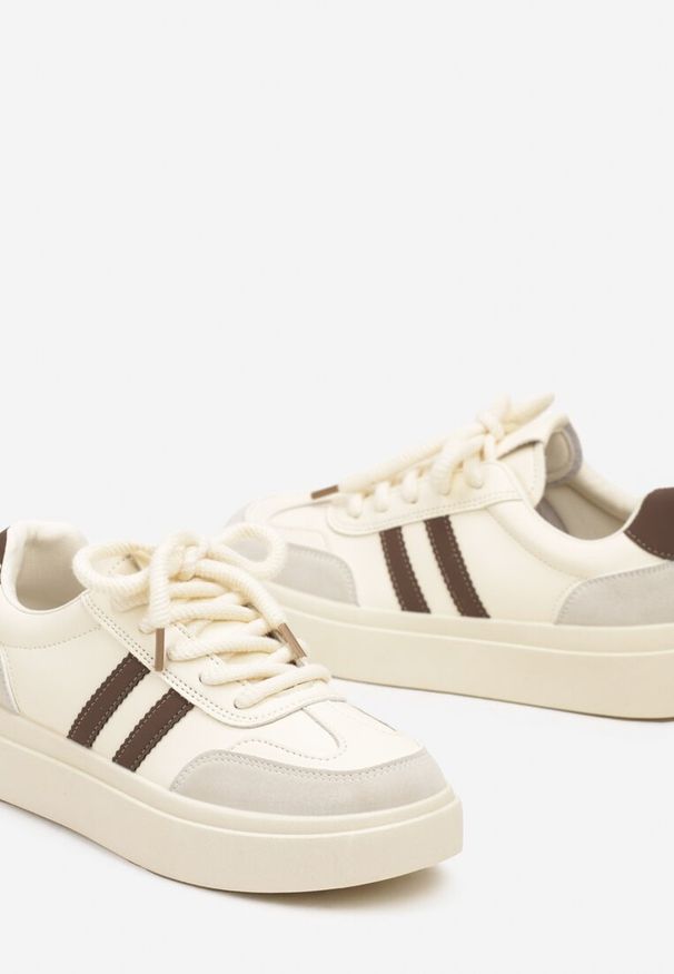 Renee - Beżowo-Brązowe Sznurowane Sneakersy na Platformie Ozdobione Paskami Tialise. Zapięcie: pasek. Kolor: beżowy. Wzór: aplikacja. Obcas: na platformie
