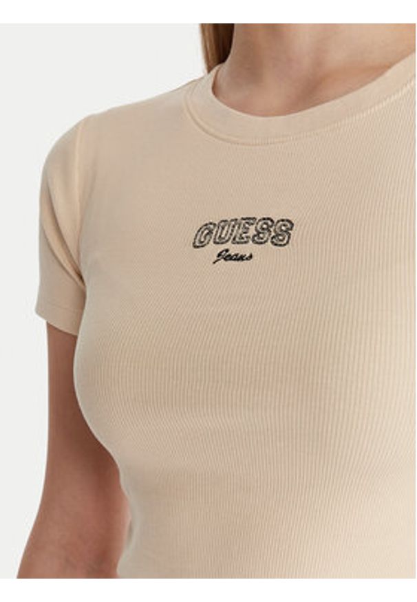 Guess Jeans T-Shirt W6RP21 KA0H1 Beżowy Slim Fit. Kolor: beżowy. Materiał: bawełna