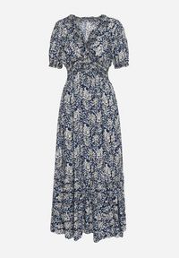 Born2be - Granatowa Bawełniana Sukienka z Bufiastymi Rękawami z Gumką w Talii i Falbaną Vimaliana. Okazja: na co dzień, na spacer. Typ kołnierza: dekolt w kształcie V. Kolor: niebieski. Materiał: bawełna. Styl: klasyczny, casual, elegancki #4