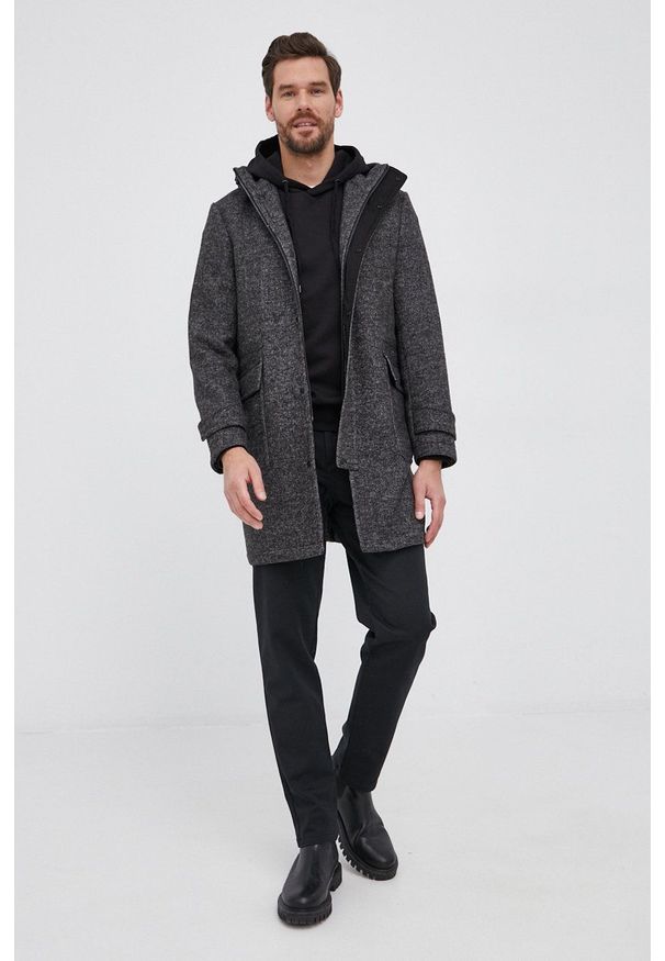 Sisley - Płaszcz z domieszką wełny. Okazja: na co dzień. Kolor: szary. Materiał: wełna. Styl: casual