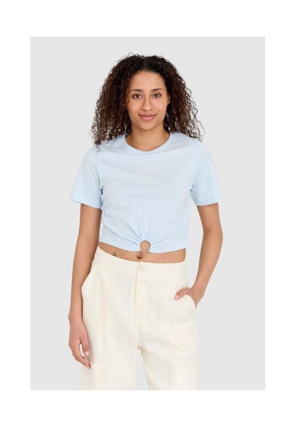 Guess - GUESS Niebieski t-shirt damski cropped fit piercing, Rozmiar M. Kolor: niebieski. Materiał: bawełna