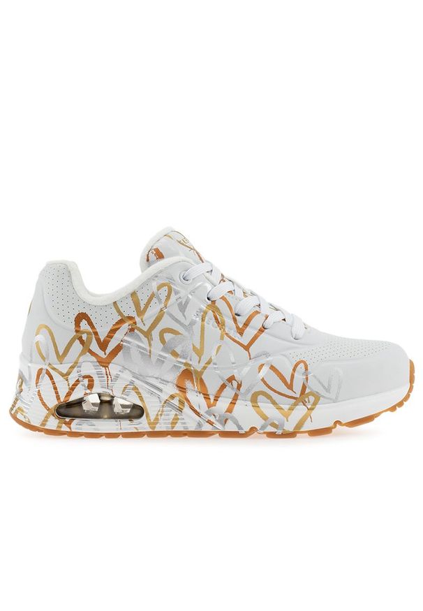 skechers - Buty Skechers Uno Metallic Love 155523WTGD - białe. Zapięcie: sznurówki. Kolor: biały. Materiał: guma, nubuk, syntetyk, materiał, skóra. Szerokość cholewki: normalna. Wzór: motyw zwierzęcy. Model: Skechers Sport. Sport: turystyka piesza