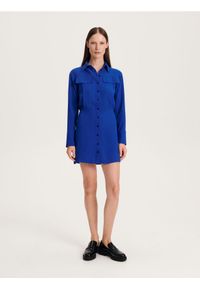 Reserved - Koszulowa sukienka mini - niebieski. Kolor: niebieski. Materiał: tkanina. Wzór: gładki. Typ sukienki: koszulowe. Długość: mini