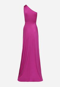Born2be - Fuksjowa Sukienka na Jedno Ramię z Marszczeniem i Rozcięciem Talirisa. Okazja: na wesele, na imprezę, na ślub cywilny. Kolor: różowy. Typ sukienki: asymetryczne. Styl: elegancki, klasyczny #3