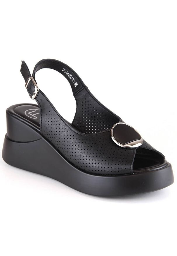 Skórzane sandały damskie na koturnie czarne Filippo DS4406. Kolor: czarny. Materiał: skóra. Obcas: na koturnie