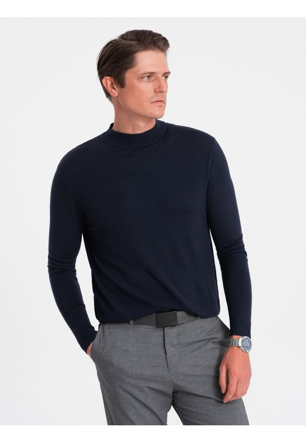 Ombre Clothing - Męski półgolf dzianinowy z wiskozą - granatowy V2 OM-SWTN-0100 - XXL. Typ kołnierza: golf. Kolor: niebieski. Materiał: dzianina, wiskoza