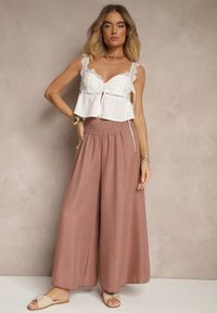 Renee - Brązowe Szerokie Spodnie High Waist z Elastycznymi Gumkami w Talii Varbia. Okazja: na co dzień. Stan: podwyższony. Kolor: brązowy. Styl: casual, elegancki