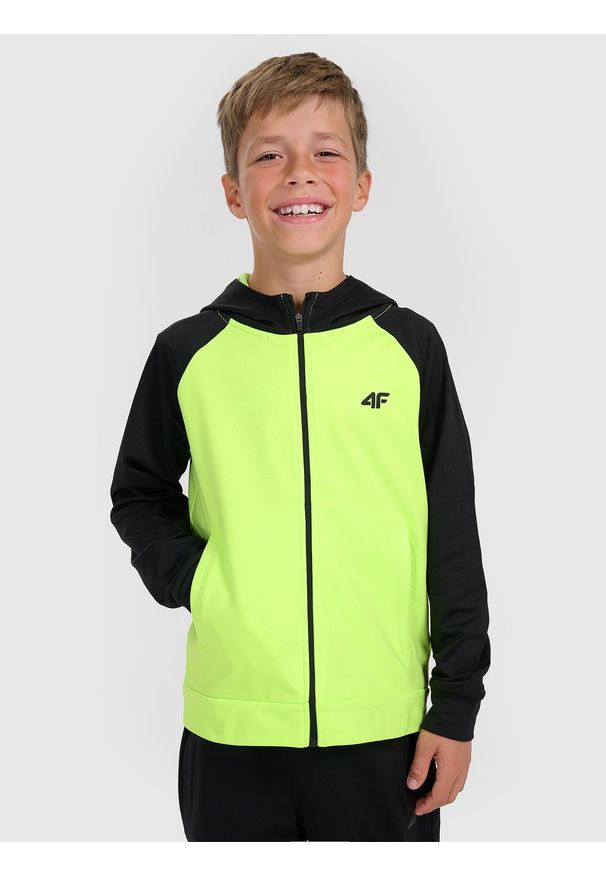 4f - 4F Bluza sportowa rozpinana z kapturem chłopięca - zielona 134/140 (8-10 lat). Okazja: na co dzień. Typ kołnierza: kaptur. Kolor: zielony. Materiał: dzianina, skóra. Sezon: lato. Styl: sportowy