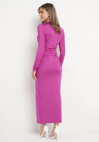 Born2be - Fioletowa Sukienka Koktajlowa z Ozdobnym Supełkiem i Rozcięciem Tefeti. Okazja: na imprezę. Typ kołnierza: dekolt w kształcie V. Kolor: fioletowy. Typ sukienki: dopasowane. Styl: wizytowy #2