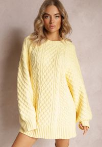 Renee - Żółty Długi Sweter Ozdobiony Drobnym Splotem Killoe. Kolor: żółty. Materiał: jeans. Długość: długie. Wzór: aplikacja, ze splotem