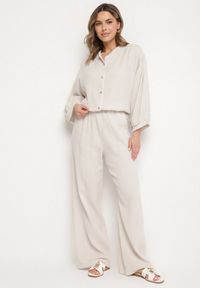 Born2be - Beżowy Muślinowy Komplet z Bawełny o Kroju Oversize Koszula i Szerokie Spodnie Ziselia. Kolor: beżowy. Materiał: bawełna. Wzór: aplikacja