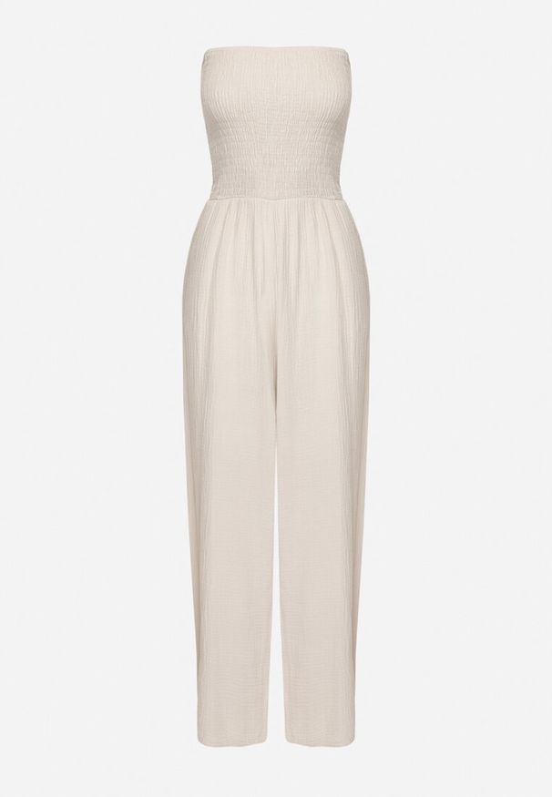 Born2be - Beżowy Bawełniany Taliowany Kombinezon Góra Bandeau Wykończona Gumkami Moranna. Okazja: na co dzień. Kolor: beżowy. Materiał: bawełna. Sezon: lato. Styl: casual, klasyczny