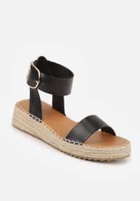 Born2be - Czarne Sandały VICES na Niskim Koturnie z Plecionki z Paskiem Wokół Kostki Tetea. Okazja: na co dzień. Zapięcie: pasek. Kolor: czarny. Materiał: len. Sezon: lato. Obcas: na koturnie. Styl: casual, klasyczny #2