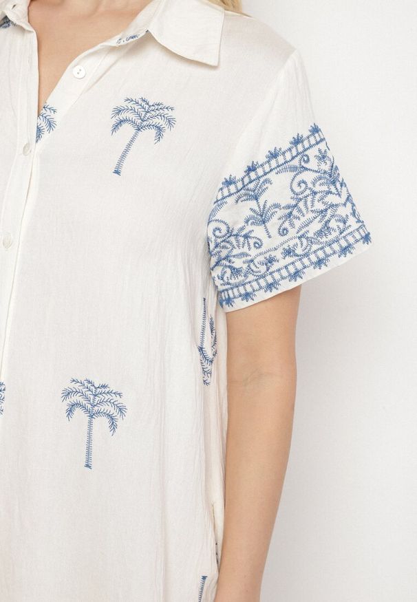 Born2be - Biała Pudełkowa Sukienka z Wiskozą o Koszulowym Kroju Zdobiona Haftem Sanori. Okazja: na co dzień. Kolor: biały. Materiał: wiskoza. Długość rękawa: krótki rękaw. Wzór: aplikacja, haft. Typ sukienki: koszulowe. Styl: klasyczny, casual