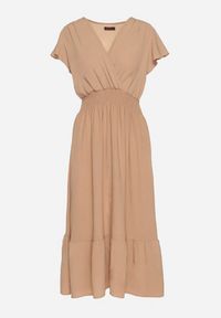 Born2be - Beżowa Sukienka o Rozkloszowanym Kroju z Kopertowym Dekoltem i Gumką w Talii Reiliana. Okazja: na co dzień, na imprezę. Typ kołnierza: dekolt kopertowy. Kolor: beżowy. Typ sukienki: kopertowe. Styl: casual, elegancki #5