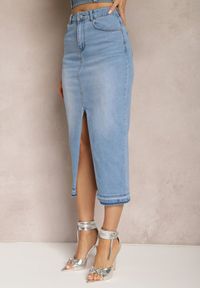 Renee - Niebieska Jeansowa Spódnica Midi High Waist z Rozcięciem Lushio. Stan: podwyższony. Kolor: niebieski. Materiał: jeans. Styl: klasyczny