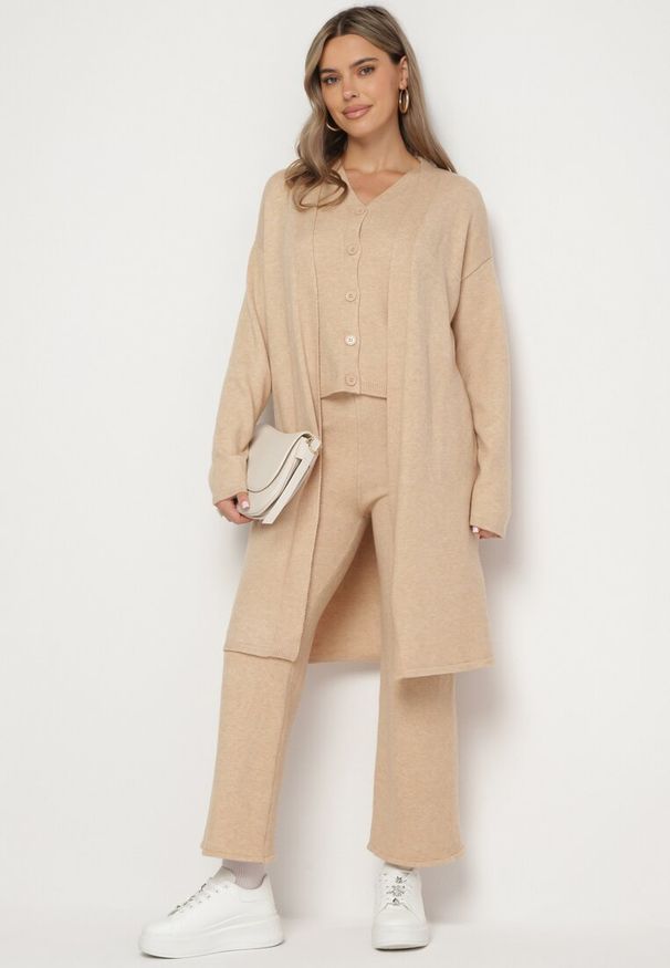 Born2be - Beżowy Dzianinowy Komplet z Wełną Kardigan Top i Szerokie Spodnie Daivonne. Kolor: beżowy. Materiał: dzianina, wełna