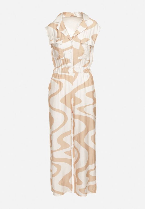 Born2be - Beżowy Długi Kombinezon z Gumką w Pasie w Geometryczny Wzór z Wiskozą Orivia. Okazja: na co dzień. Kolor: beżowy. Materiał: wiskoza. Długość: długie. Wzór: geometria. Styl: casual, klasyczny