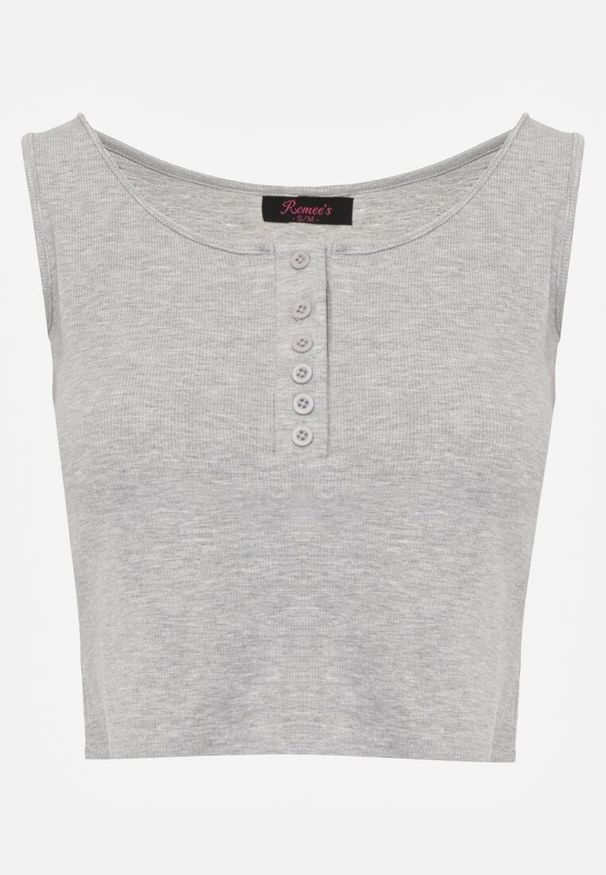 Renee - Szary Bawełniany Tank Top w Prążki z Ozdobnymi Guziczkami Bernissa. Okazja: na co dzień, na imprezę. Kolor: szary. Materiał: bawełna. Wzór: prążki. Styl: casual
