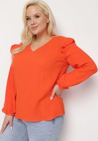 Born2be - Pomarańczowa Bluzka z Bawełny z Długim Rękawem i Falbanką Pixela. Kolor: pomarańczowy. Materiał: bawełna. Długość rękawa: długi rękaw. Długość: długie. Wzór: aplikacja. Styl: elegancki #1
