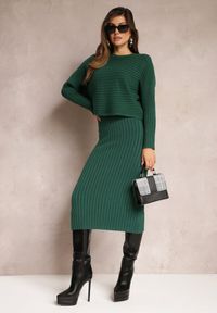 Renee - Ciemnozielony Dzianinowy Komplet 2-częściowy ze Swetrem i Sukienką Midi Taweisa. Kolor: zielony. Materiał: dzianina #4