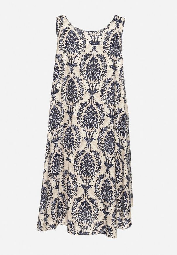 Born2be - Beżowo-Granatowa Rozkloszowana Sukienka z Bawełny bez Rękawów Horrilla. Kolor: beżowy. Materiał: bawełna. Długość rękawa: bez rękawów. Sezon: lato. Styl: boho