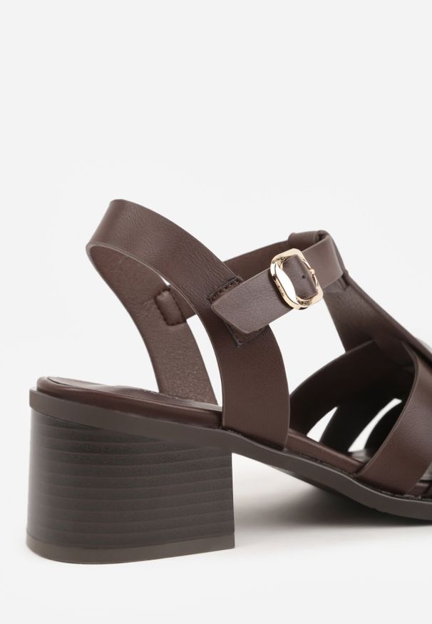 Born2be - Ciemnobrązowe Sandały na Obcasie z Ozdobną Cholewką Amalirei. Okazja: na co dzień. Zapięcie: sprzączka. Kolor: brązowy. Materiał: jeans. Obcas: na obcasie. Styl: casual, elegancki, klasyczny. Wysokość obcasa: średni