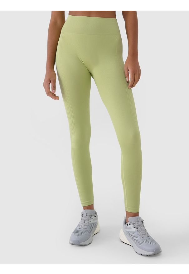 4f - 4F Legginsy treningowe bezszwowe damskie - zielone XS/S. Stan: podwyższony. Kolor: zielony. Materiał: elastan, materiał, włókno, dzianina, syntetyk. Wzór: ze splotem, gładki, jednolity. Sport: fitness