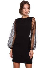 Sukienki.shop - Sukienka ołówkowa wieczorowa z bufiastymi rękawami czarna. Okazja: na ślub cywilny, na wesele. Kolor: czarny. Długość rękawa: długi rękaw. Typ sukienki: ołówkowe. Styl: elegancki, wizytowy. Długość: mini #4