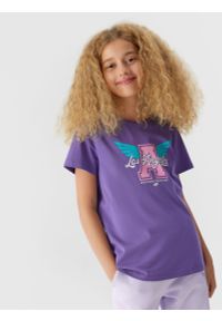 4F JUNIOR - T-shirt z nadrukiem dziewczęcy. Kolor: fioletowy. Materiał: bawełna. Wzór: nadruk