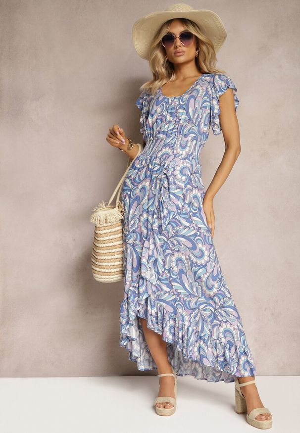 Renee - Niebieska Sukienka Boho z Gumką w Pasie i Asymetrycznym Dołem z Wiskozy Anorissa. Kolor: niebieski. Materiał: wiskoza. Typ sukienki: asymetryczne. Styl: boho
