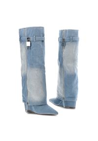 Niebieskie Kozaki Gallevani Jeansowe Obuwie Damskie. Zapięcie: sprzączka. Kolor: niebieski. Materiał: jeans. Szerokość cholewki: normalna. Wzór: ażurowy, aplikacja #8