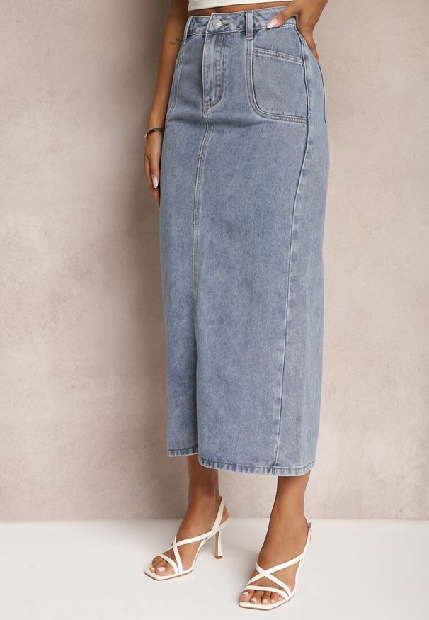Renee - Niebieska Spódnica Jeansowa Midi z Wysokim Stanem Zakila. Stan: podwyższony. Kolor: niebieski. Materiał: jeans