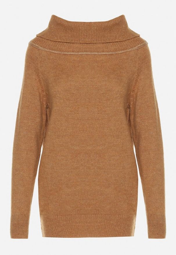 Born2be - Brązowy Sweter z Wywiniętym Dekoltem Parira. Kolor: brązowy. Długość rękawa: długi rękaw. Długość: długie. Wzór: bez wzorów, aplikacja. Styl: elegancki