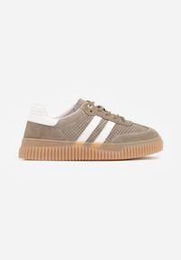 Renee - Ciemnobeżowe Sneakersy Typu Tenisówki z Zamszu Naturalnego Ozdobione Paskami Tarinella. Okazja: na co dzień. Zapięcie: pasek. Kolor: beżowy. Materiał: zamsz. Wzór: aplikacja #5